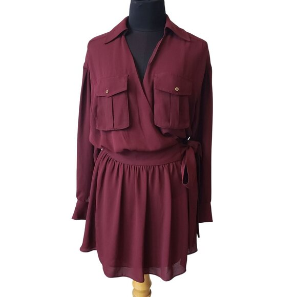 NEW Ramy Brook Summer Long Sleeve Pocket Mini Wrap Dress Cabernet Red Maroon XS - Picture 3 of 13